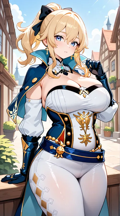 jean (genshin impact), 1girl, solo, long hair, looking at viewer, blue eyes, blonde hair, gloves, jewelry, large breasts,  thighs, ponytail, hair bow, detached sleeves, strapless, capelet,  white pants, tight clothes, cross earrings, tight pants, coattails...