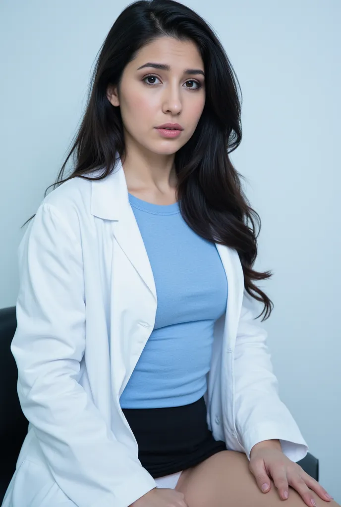  realistic photo,    A Caucasian woman, about 35 years old, very shy gesture    ,  black eyes,  long black hair,  thick lips,  slim body t-shirt, ((( small breasts ))),     doctor's white coat    ,  wearing a light blue sweater and a short black skirt ((( ...