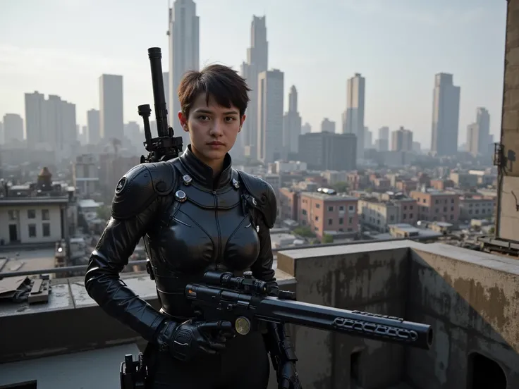 masterpiece,High Resolution, realistic, cinematic lighting, A girl in a cyborg suit is standing with a gun , short hair ,rooftops of futuristic city ruins, filled with machines.  android female、mercenaries with biomechanical sniper rifles, 