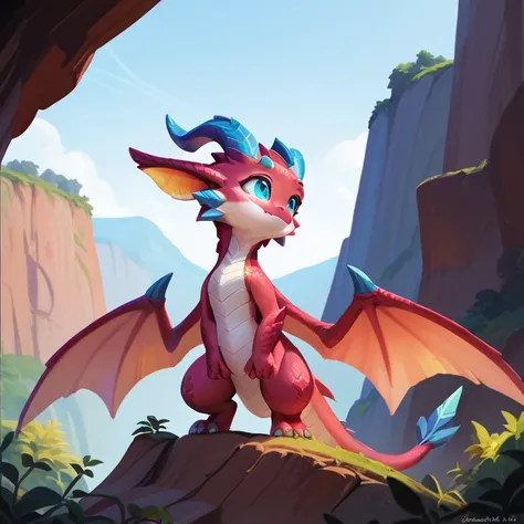 masterpiece, 8k, Best Quality, (perfect Anatomy), LOL, little dragon, Red body, white belly, wings:1.5, Blue horns:1.5, Cute, pastel color, wearless:2.0, cliff-top,