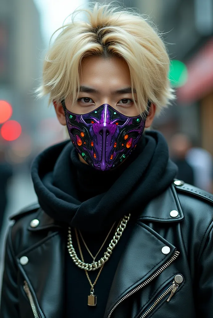 Play a male Korean character with blond hair looking like an idol. uma roupa de streatwere. Your mascara is very stylish and urban. This mask is purple and green with some orange and black elements. Put Cyberpunk references on this mask it's also made of m...