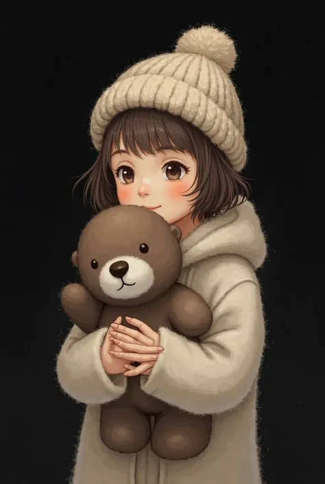 A simple age girl, short brown hair with some blonde straps, wool hat and a sweater, holding an otter stuffed animal. black background. 