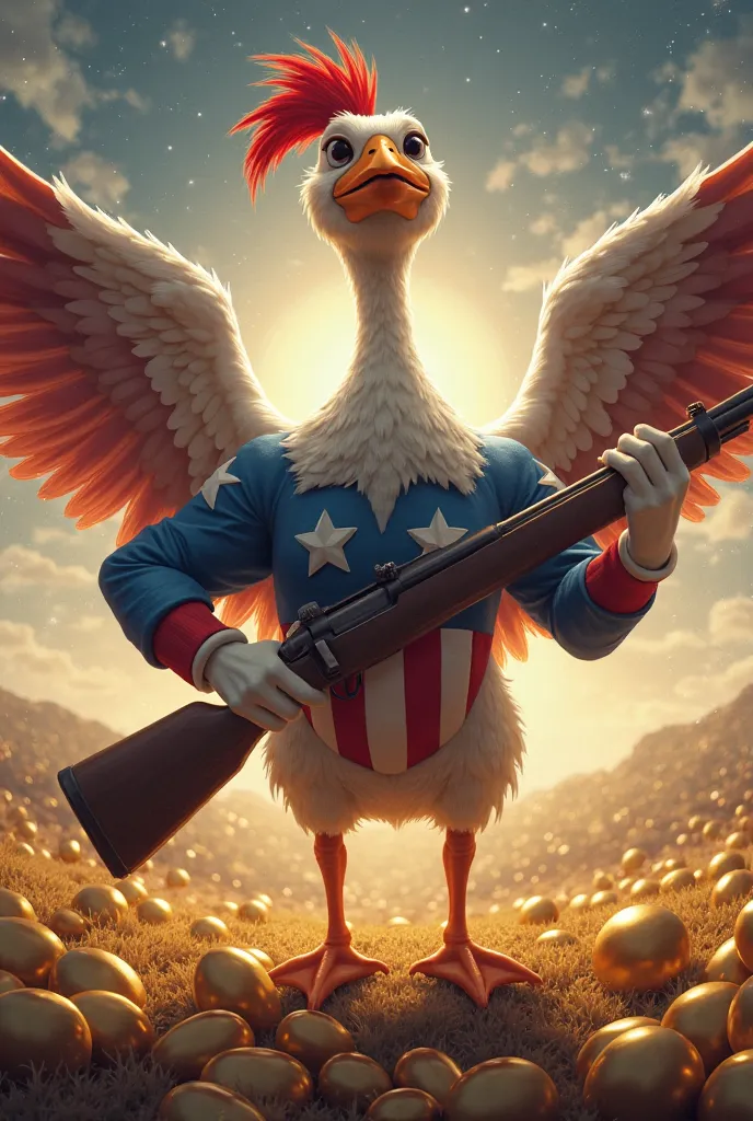 Draw an EXAGGERATEDLY patriotic humanized American goose who defends golden eggs with an angry gun 