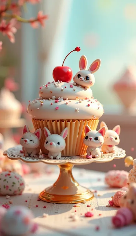 3d cupcake、Cute Animals、It's on a cute vessel
