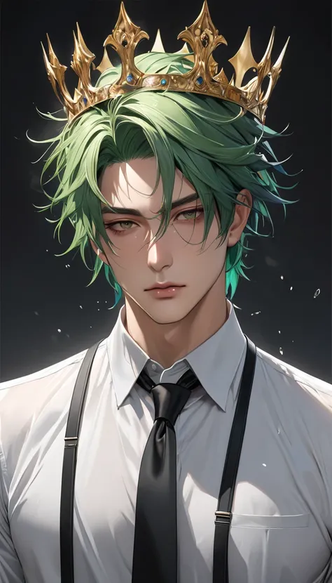 Ultra Realism Ultra realistic, masterpiece, high resolution, HD model, sex, Super detail. 

1 man,  anime-style male character with vibrant green hair, slightly messy in anime style, short with threads falling over the forehead. He wears an all-white long-...