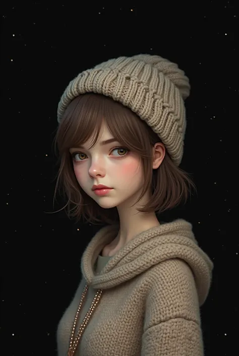 A simple girl, short brown hair with some blonde strips, wool hat and a sweater. black background. 