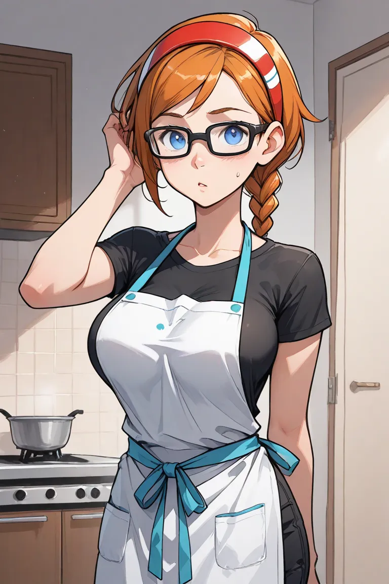 age girl, inviting, perfect breasts, with a sports band on your head, flat t-shirt, Cut Pixie with a braid, with apron , Concentrated expression,  rectangular lenses 