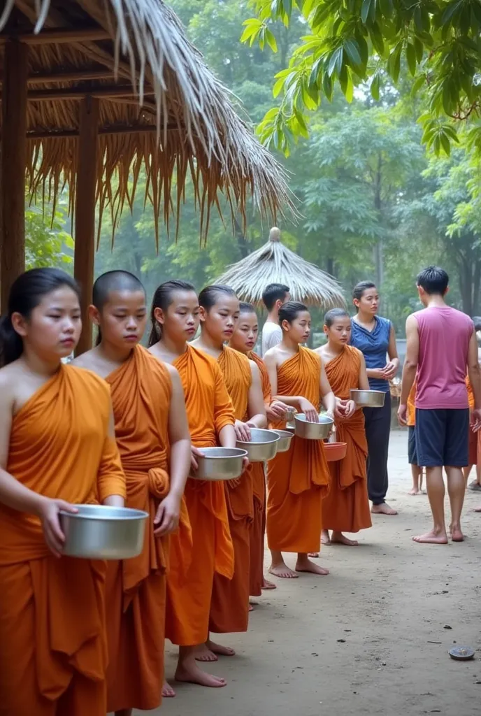 (masterpiece, best quality:1.2), Khpople4, 1man, 1woman, 3monks, solo, thai traditional cloth, A group of young Southeast Asian individuals, likely adolescents, are depicted in traditional clothing.  Several are Buddhist novices, dressed in vibrant orange ...