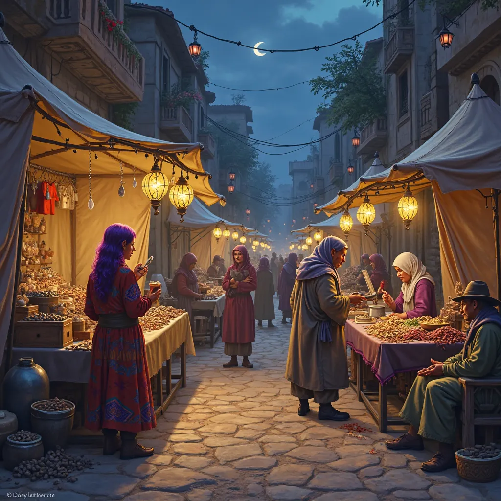 Among the stone alleys and winding alleys of the village, tents and stalls of a night market shine under stained glass lanterns. Purple-haired vendors wearing vibrant fabric tunics offer spices, silks and silver jewelry to lively customers. A young woman w...