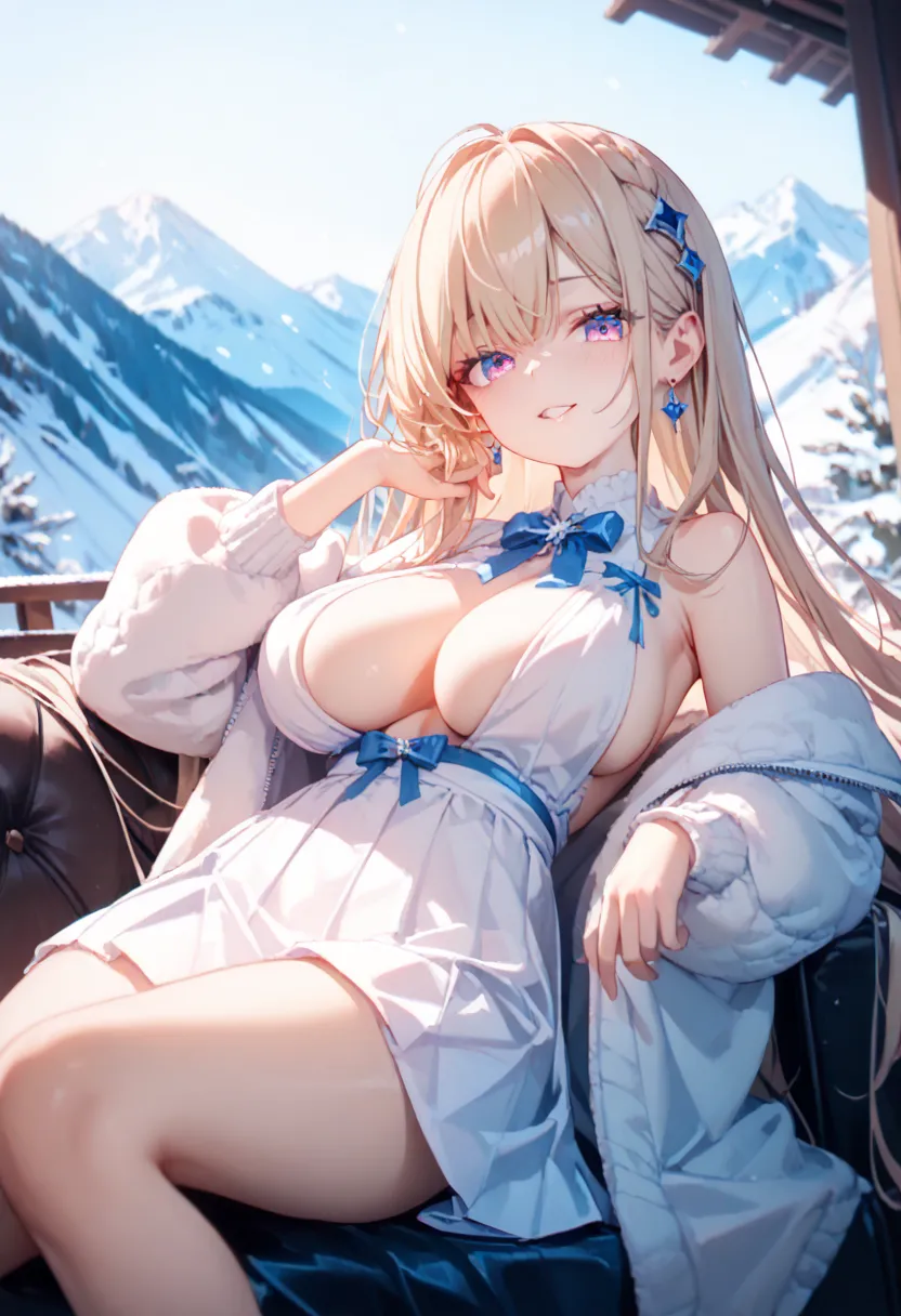 ( masterpiece), (best quality),  very detailed eyes , expressive eyes shrouded in fog, Perfect Face, Very detailed face, pretty girl,  8,000， 1 woman, Unique， long hair， huge chest ，Rococo style，skirt，Open chest，Cleavage，Ribbon，revealing clothes，Disorderly...