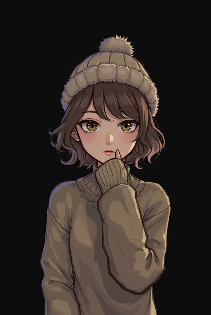 A simple girl, short brown hair with some blonde straps, wool hat and a sweater. black background. 