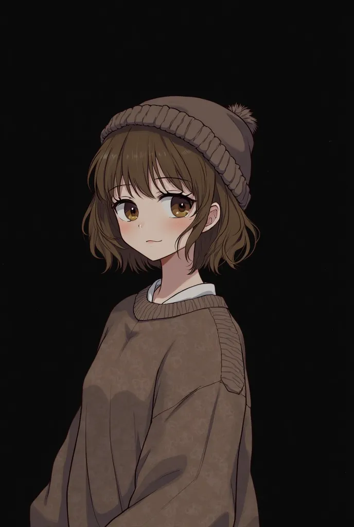 A simple girl, short brown hair with some blonde straps, wool hat and a sweater. black background. 