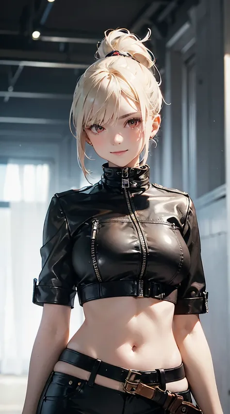 1 Female, big breasts, slim waist, tall, perfect body proportions, white hair, neat ponytail, red eyes, perfect eyes, looking at viewer, black leather jacket, white crop top, black leather long pants, aviator sunglasses, brown gun holster on waist, tough s...