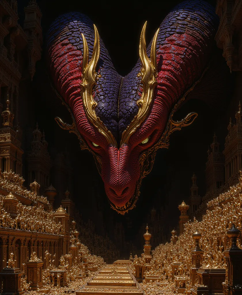 Duoaros, the ancient and enigmatic dual-headed dragon, has guarded the colossal treasure hoard for eons, its massive crimson and violet scales shimmering in the dim light of the cavernous lair.