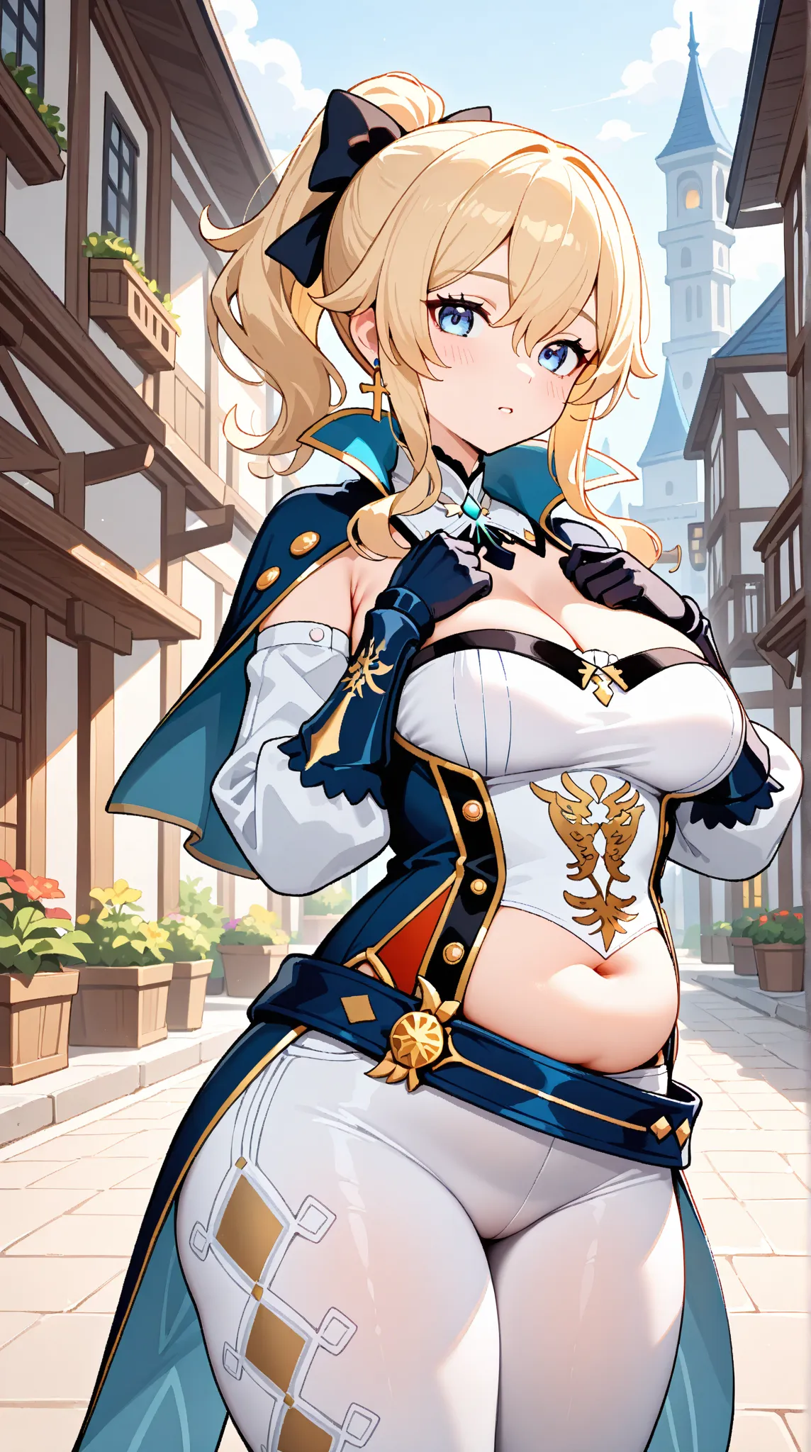 jean (genshin impact), 1girl, solo, long hair, looking at viewer, blue eyes, blonde hair, gloves, jewelry, large breasts,  thighs, ponytail, hair bow, detached sleeves, strapless, capelet,  white pants, tight clothes, cross earrings, tight pants, coattails...