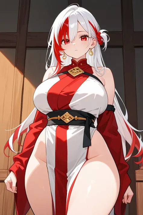 1 girl, Hair length reaches the back, White hair with some red hair on the edges., red eyes, but not bright, curvy body, wear a sexy samurai outfit, หน้าอกไซส์ปานกลาง, have a golden earrings