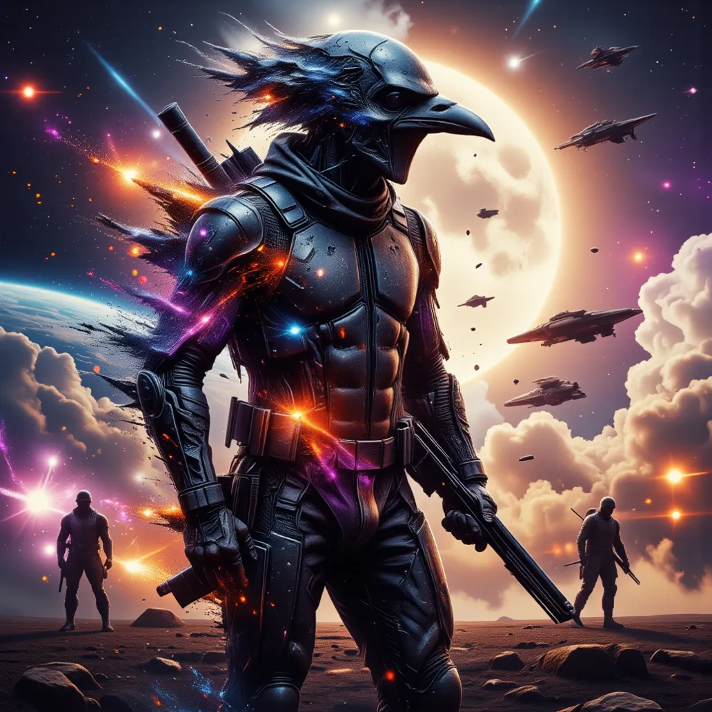 double exposure style, Prospect: Anthropomorphic Crow soldier, donned in black modern combat armor. Silhouette: the name "MAB" Space battle, soldiers and starships. Colorful, Dynamic Pose, Dynamic contrast ,Silhouette intensity strong, Double exposure, Flo...