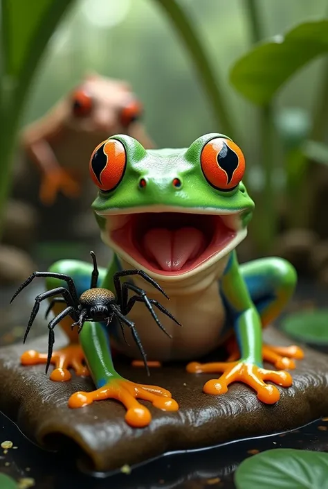 A female green frog sitting on a small bed made of leaves inside a swampy home. Her eyes are wide open in shock as she sees a giant fake spider on her pillow. Her mouth is open in a scream, and she is mid-jump in fear. In the background, a mischievous male...