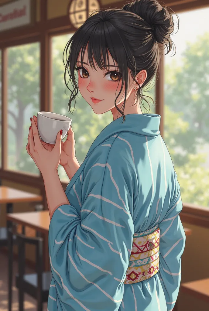 A 25-year-old adult girl with her back wearing a sky blue xuxa I want her hair in a high bun, a summer kimono in sky blue stripes and white stripes, and Xuxa is the same color as the kimono and she is having coffee