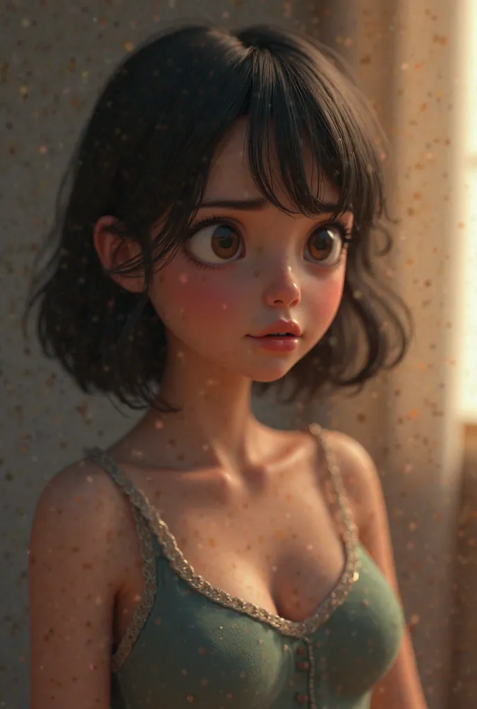  a girl, Alone, high resolution garments,  breasts, looking at the spectator, open-mouth, short hair, Split lips, throw, 3D rendering, 8k octane,  Cinematography , Photorealistic,shy, Frowns frowns, embarrassed,  light smile, 