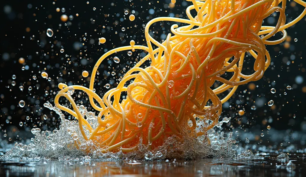 Spaghetti lines at close range with splashing water