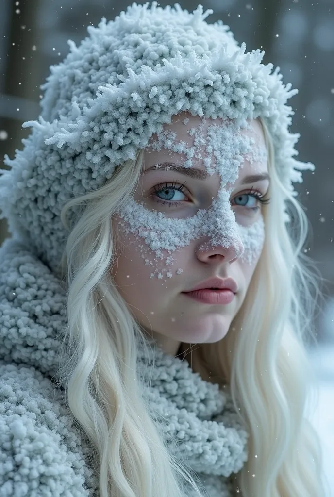 Make a Finnish woman, blonde, pale skin. your mask is made of ice. Your mask looks a lot like Norse mythology.  is based on the sleep token and the psychological aspects that are embedded in your mask. Your cold personality , Quiet and analytical 