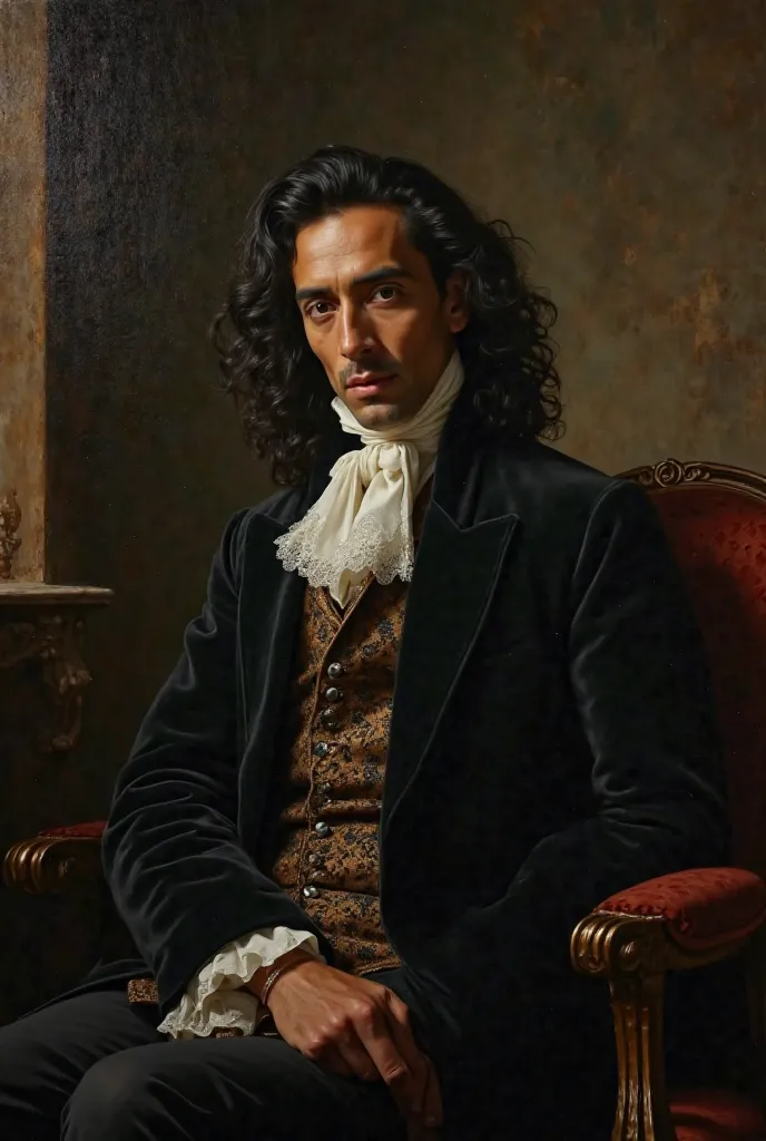 Oil painting of very long haired, very white skinned Adrien Brody wearing black XVIII century clothes sitting in a very Dark and modest XVIII century room at night.