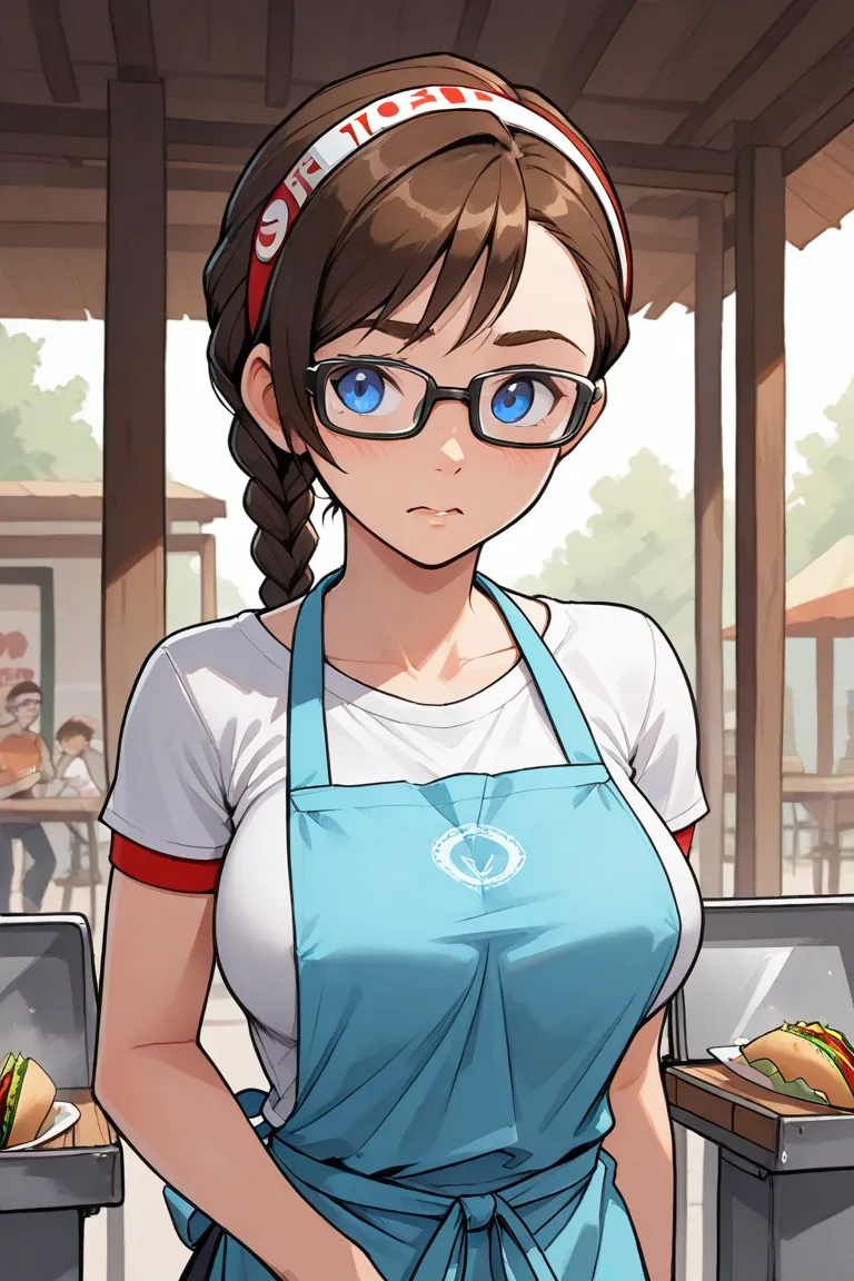 age girl, inviting, perfect breasts, with a sports band on its head, flat t-shirt, Cut Pixie with a braid, with apron, Concentrated expression,  rectangular lenses , Taco stand