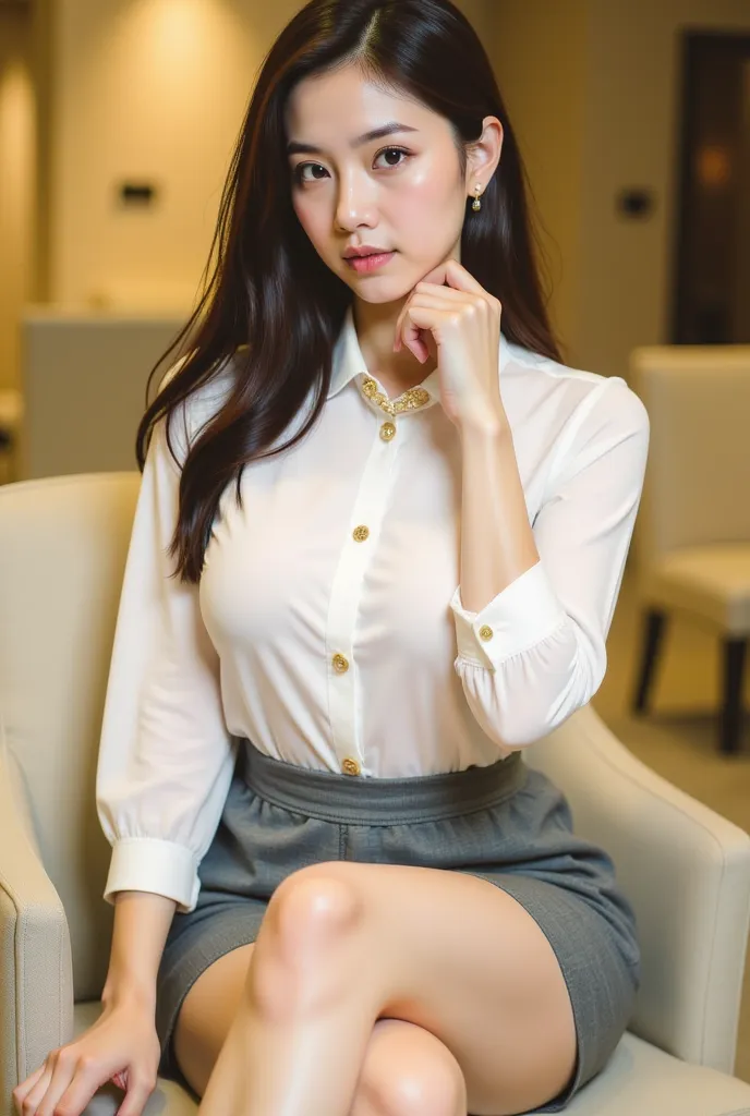 a young woman seated on a light-colored chair in an indoor setting, likely an office or lounge. She has long, dark hair styled neatly, and her expression is poised and confident. She is dressed in a professional yet stylish outfit, consisting of a white bl...