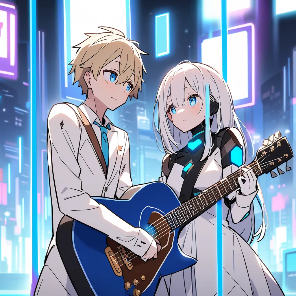 Make an anime cover that deals with a story about a boy who plays the guitar but a female android falls in love with him add another girl and a white robot and a cube that is an android that has neon blue lines 