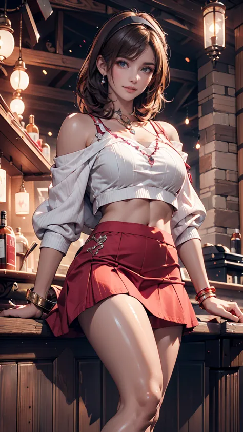 ((Extreme detail)),(super detailed), Highly Detailed CG Unity 8K Wallpaper,best quality, masterpiece, Emily_t8, Off Shoulder,  pink crop top,Flare Skirt(flare skirt)、pin heels、Bare legs、smile、headband