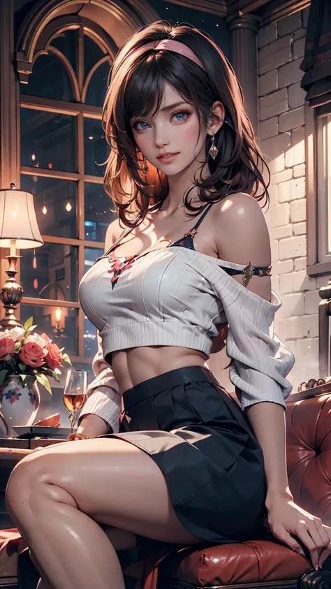 ((Extreme detail)),(super detailed), Highly Detailed CG Unity 8K Wallpaper,best quality, masterpiece, Emily_t8, Off Shoulder,  pink crop top,Flare Skirt(flare skirt)、pin heels、Bare legs、smile、headband