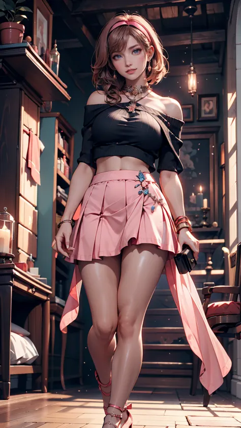 ((Extreme detail)),(super detailed), Highly Detailed CG Unity 8K Wallpaper,best quality, masterpiece, Emily_t8, Off Shoulder,  pink crop top,Flare Skirt(flare skirt)、pin heels、Bare legs、smile、headband