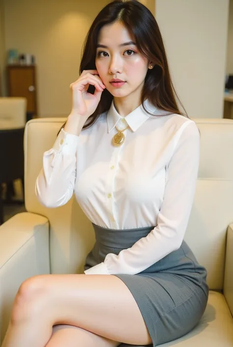 a young woman seated on a light-colored chair in an indoor setting, likely an office or lounge. She has long, dark hair styled neatly, and her expression is poised and confident. She is dressed in a professional yet stylish outfit, consisting of a white bl...