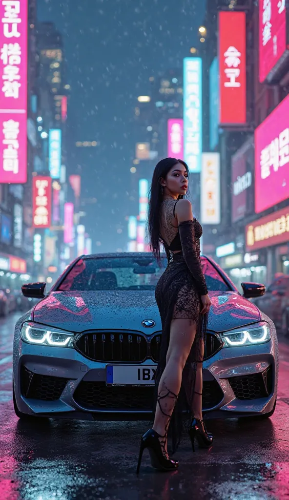 BMW and Korean girl with neon lights 
