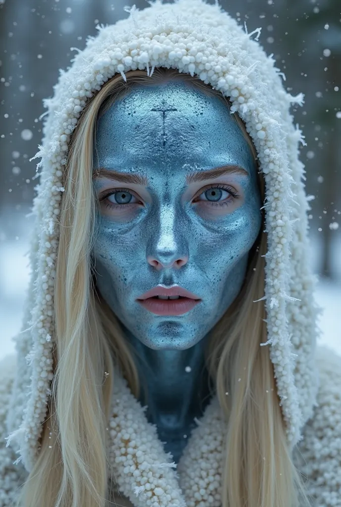 Make a Finnish woman, blonde, pale skin. Your mask is made of a material that resembles ice but what is metal is it looks frozen and blue. Your mask looks a lot like Norse mythology.  It is based on the sleep token and the psychological aspects that are em...