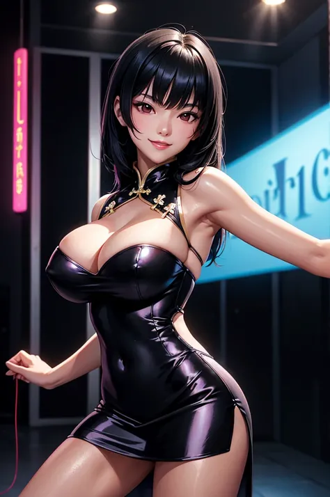 best quality, 8k, very delicate and beautiful, highly detailed face and skin texture, shiny skin, high resolution, huge tits beautiful black hair chinese girl in short dress dancing at nightclub with huge smile, under neon light, sharp focus
