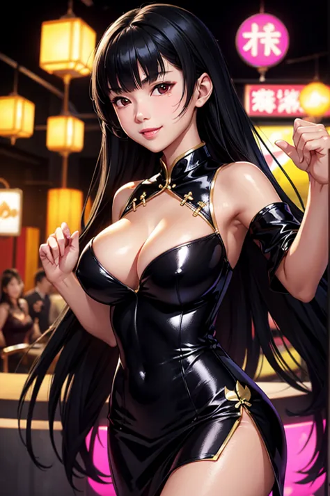 best quality, 8k, very delicate and beautiful, highly detailed face and skin texture, shiny skin, high resolution, huge tits beautiful black hair chinese girl in short dress dancing at nightclub with huge smile, under neon light, sharp focus
