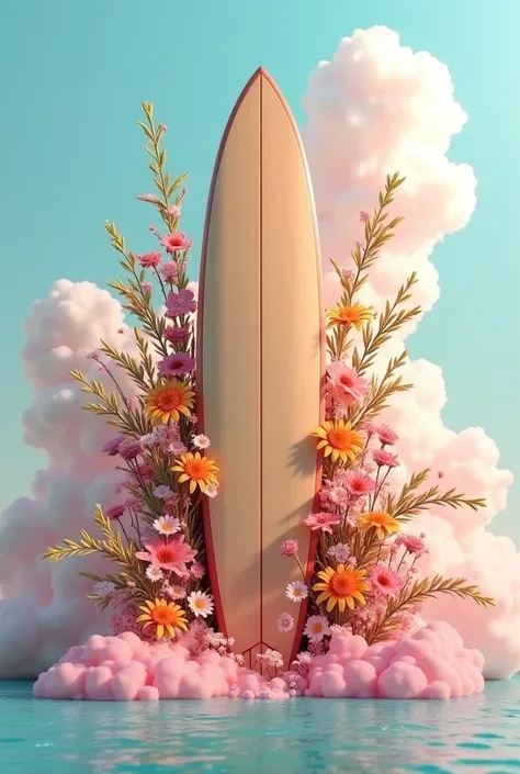 A surfboard surrounded by flowers and clouds bearing the written legend "Art and decoration Alex Flores"