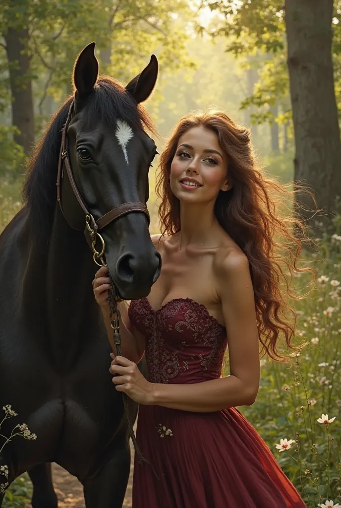  A woman with long hair , brown eyes and wine-colored dress.  has a smile on her face . He climbs on a black horse and goes through the woods.