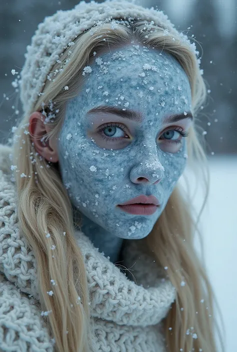 Make a Finnish woman, blonde, pale skin. Your mask is made of a material that resembles ice but what is metal is it looks frozen and blue. Your mask looks a lot like Norse mythology.  It is based on the sleep token and the psychological aspects that are em...