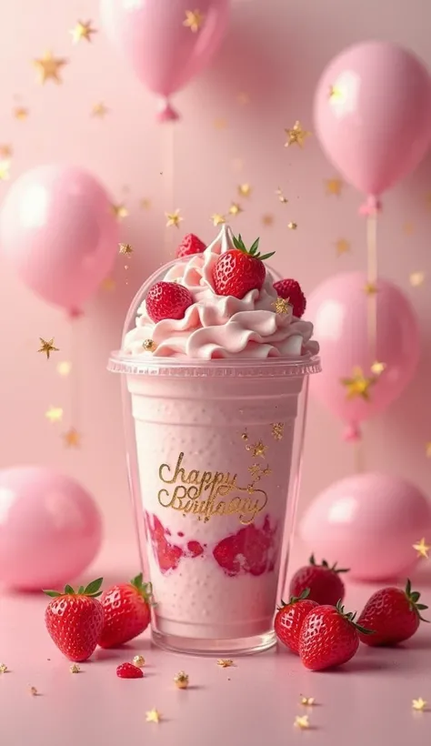 Cinematic 3D rendered strawberry parfait, giving off elegance with gentle pastel pink and rose pink nuances. The layers are smooth and refined, beautifully swirled inside a transparent Starbucks-style cup. A delicate gold inscription of “happy birthday” is...