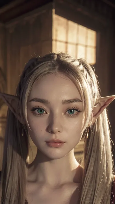 In realistic portrait of high quality and detail, Frieren (Sousou no Frieren), movie style, european, A petite elf with green eyes, thick eyebrows and long white hair parted in the middle and braided into two high pigtails. Like all elves, she has large po...