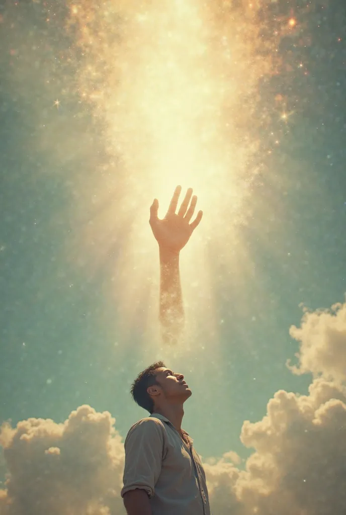 a hand that comes down from the sky between light and ray of the sun and a man below 