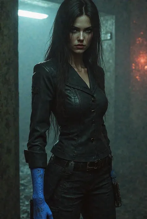 Umbrella corporation, resident evil. Character, a woman. With long dark hair and a blue hand