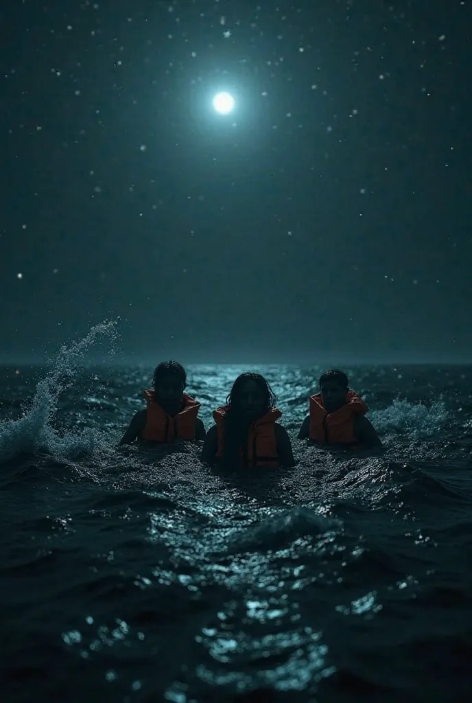 People floating in life jackets in the sea at night 