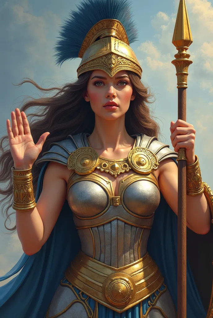 The goddess of war Athena, with long flowing hair, looking sharply ahead, raising both hands as if in greeting, wearing armor, a golden helmet, a shield, and holding a spear, a combination of blue and gold.