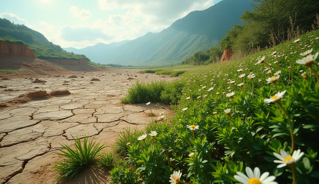 A barren landscape transforming into a lush garden, representing the fruit of suffering and redemption. Time-lapse imagery, showing growth and renewal. Landscape photography, vibrant colors.