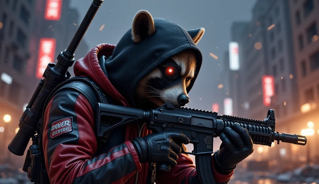 A character similar to the video game The First Descendant, With raccoon helmet, that is a man, with a black and red jacket, with a hoodie that covers his head. On his back an extra weapon, with a patch on the right eye, holding a machine gun, In a combat ...