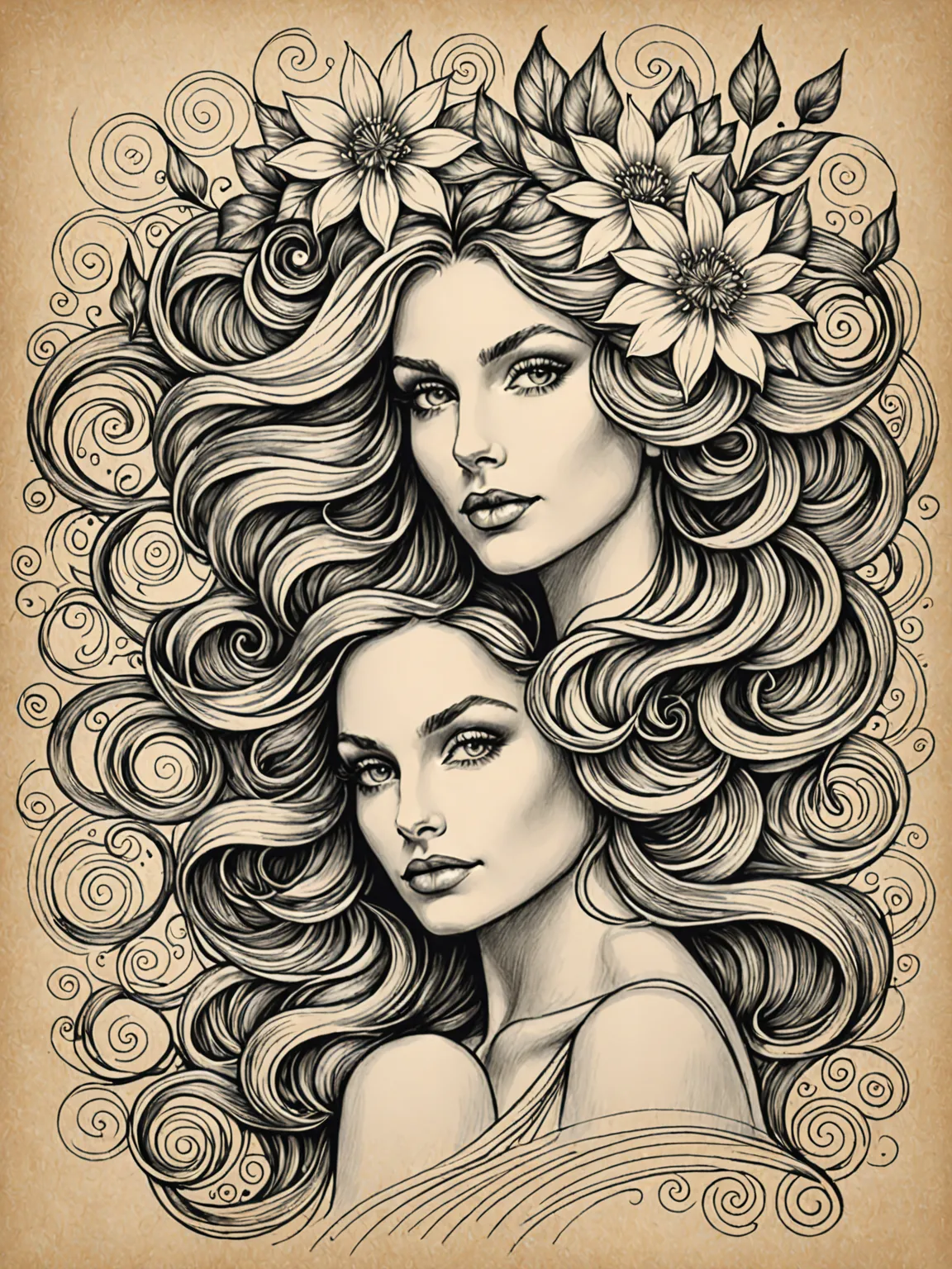 A graceful woman with a radiant flower blossoming atop her head, symbolizing her flowing hair, surrounded by delicate swirls of artwork, sketch style drawing capturing intricate details of her features and the flower, emphasizing the elegance and natural b...